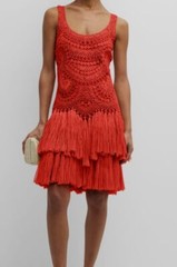 $5995 Naeem Khan Women&rsquo;s Orange Raffia Embroidered Tiered Fringe Tunic Dress 8