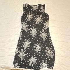 Sun Fire Black & White Floral Shift Dress Sleeveless Knit Bow Stretch L
