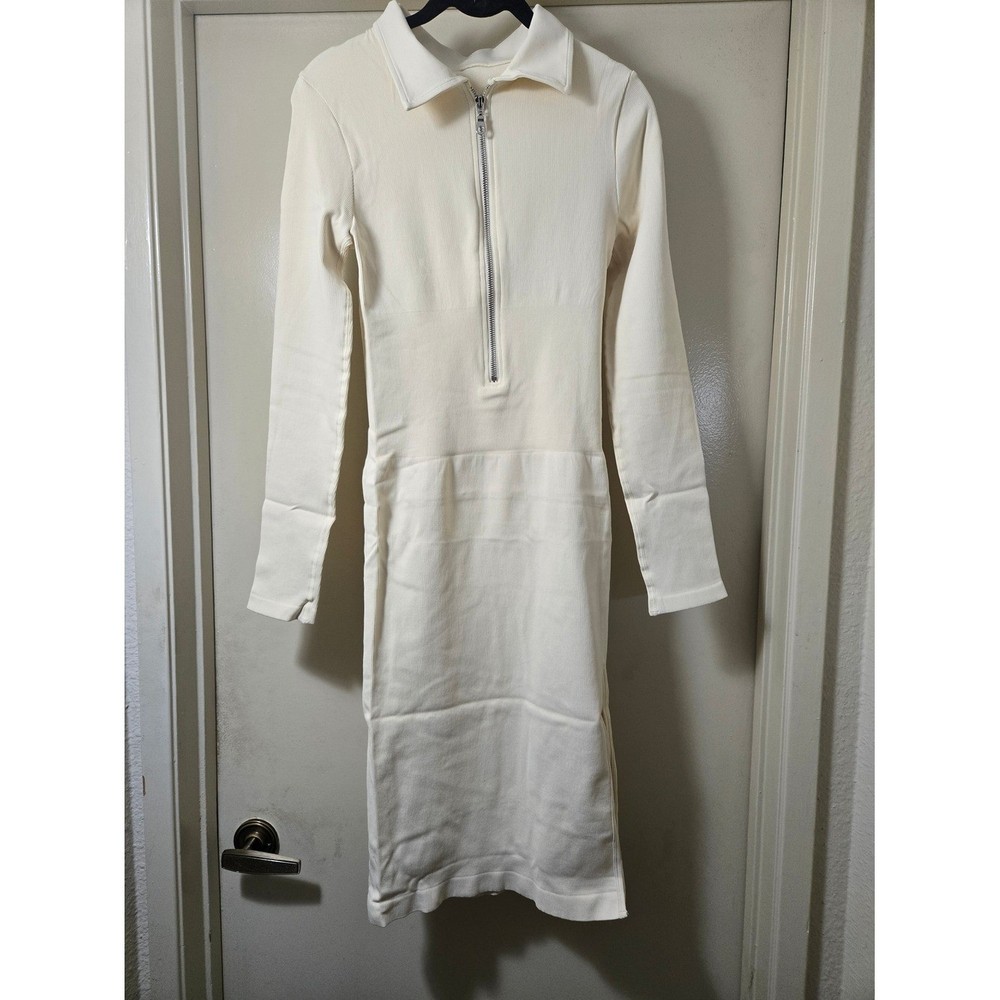 OQQ Cream Ribbed Zip Front Bodycon Midi Dress Long Sleeve Side Slit NWOT