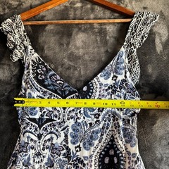 LUCCA Blue White Paisley Ruffle Sleeve V-Neck Maxi Dress Womens Size Medium Boho