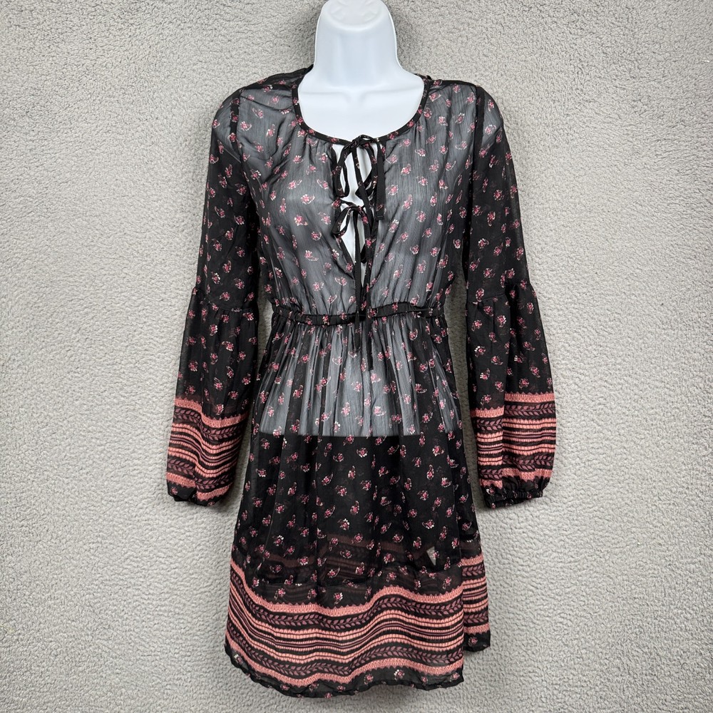 Mudd Dress Womens S Black Mini Sheer Floral Overlay Boho Tie Front Bell Sleeve