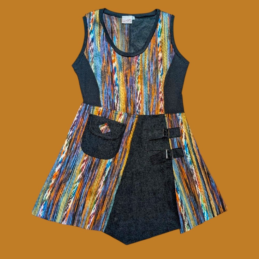 Vintage M Boho Dress Embroidered Asymmetrical Knit Black Sleeveless Artsy Y2K 6Y