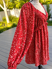 Peach Love California Red White Floral Chiffon Ruffle Long Sleeve Mini Dress M