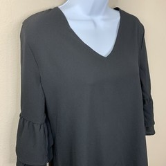 NEW Black V Neck Ruffle Bell Sleeve Dress Lnee Length Medium Opaque