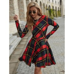 Shein Womens Plaid Long Sleeve Fit and Flare Skater Dress Red Green M 6