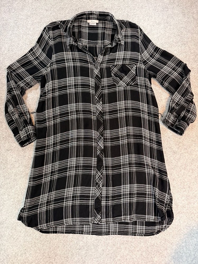 BLL NYC Black and White Plaid Button-Down Roll-Tab Sleeve Shirt Dress