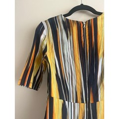 SUNO NYC Abstract Stripe Midi Dress Size 2 Ikat Print Cutout Waist Office Siren