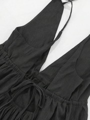 Spaghetti Strap Dress Side Pockets Backless Slit Hem Casual Cami Maxi Long