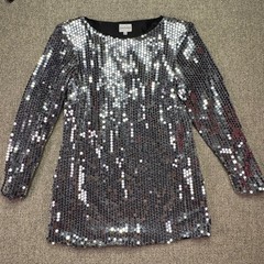 Vintage Datiani Silver Sequin Long Sleeve Mini Dress Size 8 Party Disco USA EUC