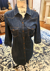 Mango Denim Dress Blue Snap Button Front Size XS, 39 inches from collar to hem