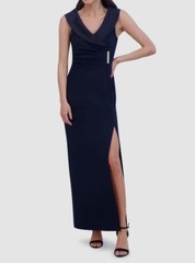 Jessica Howard Women&rsquo;s Blue Collared Side-Slit Long Gown Size 16