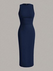 Sexy Ruched Waist Tank Dress Backless Split Thigh Bodycon Maxi Party Club