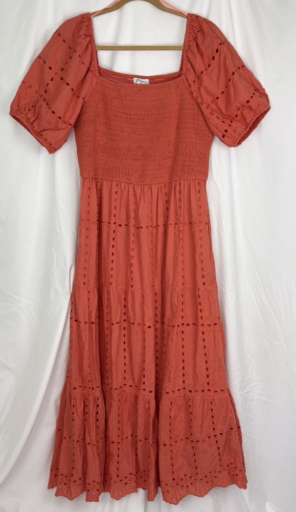 Women&rsquo;s Large Eyelet Midaxi Dress Pockets Tiered Cottagecore Peasant Boho