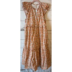 &merci Orange Poppy Floral Tiered Midi Dress Ruffle Sleeve Cotton Womens Medium