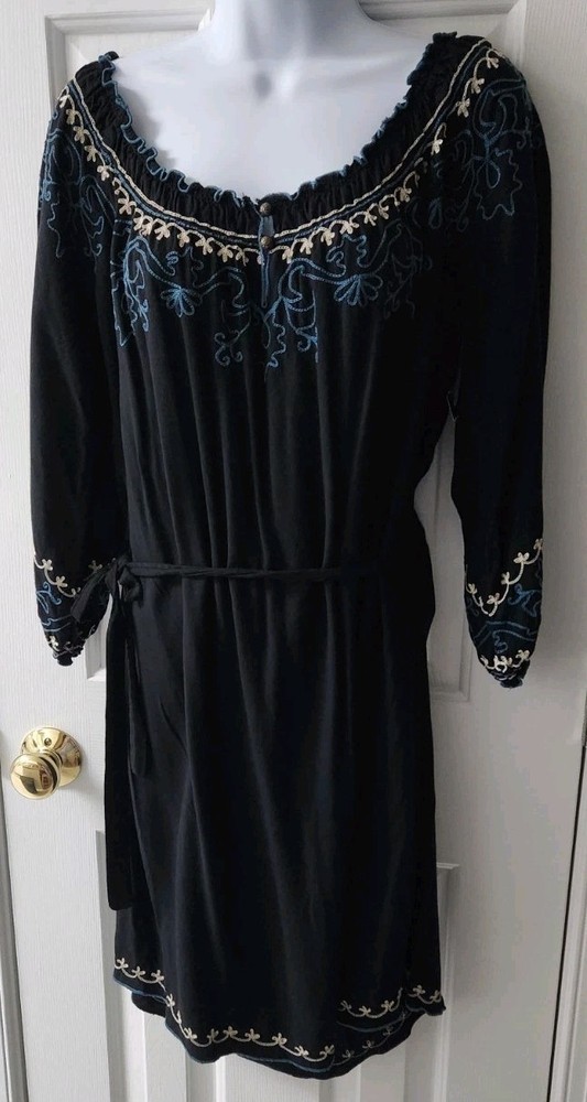 Sz M Lucky Brand Embroidered Black Off-shoulder Dress w Belt Boho Hippy Cowgirl