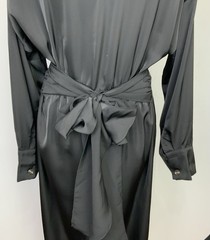 Black Satin Button Down Draped Front Tie Back Midi Shirt Dress Sz Large