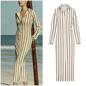 NWT Anemos ANEMOS COLLARED BUTTON DOWN MAXI SHIRT DRESS NATURAL STRIPE Size: M