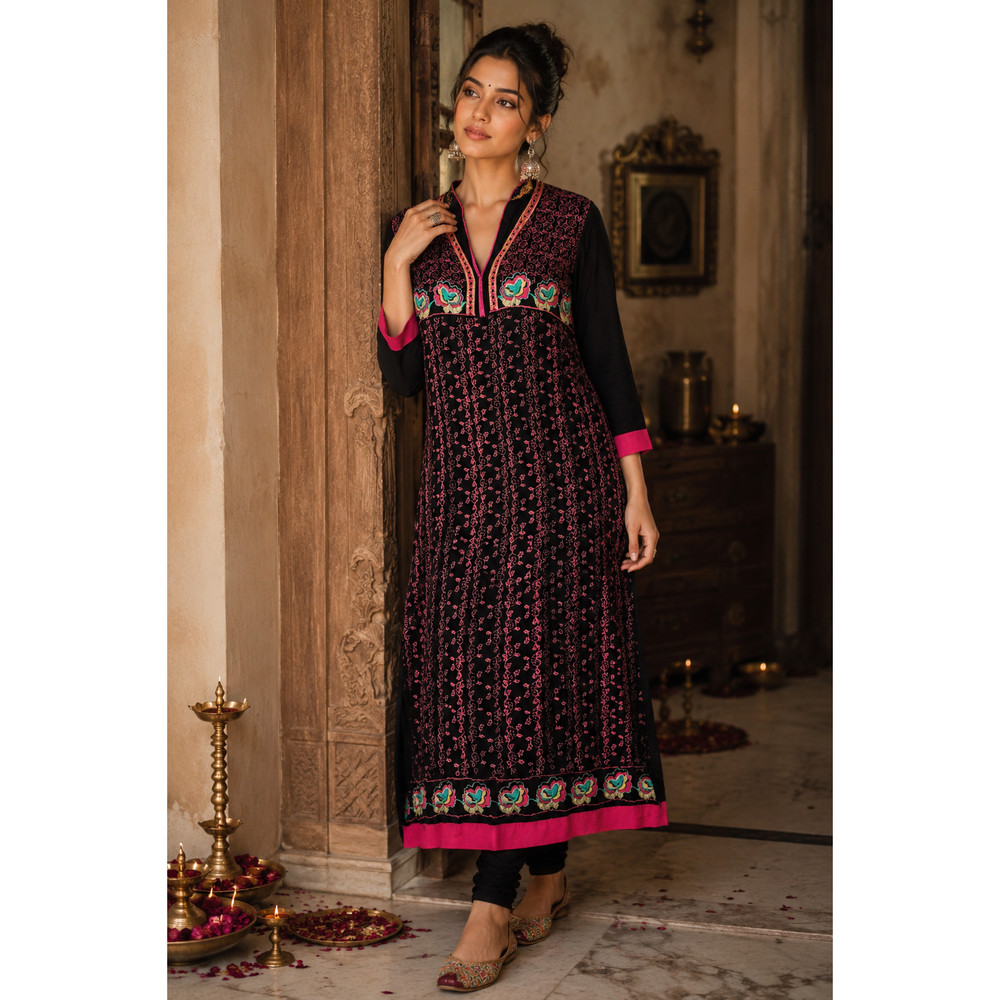 Indian Embroidered Kurta Dress Ethnic Boho Tunic Black Pink Floral Size Small