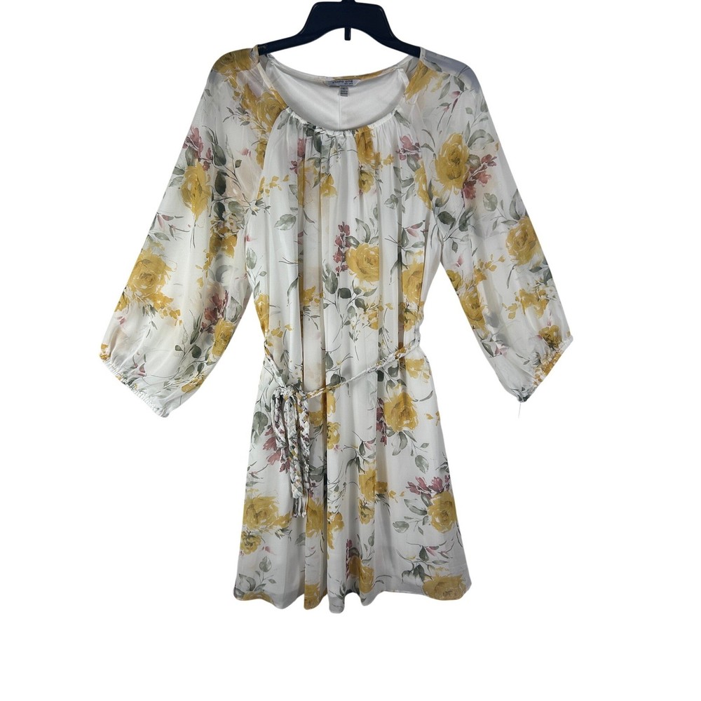 Studio One New York Floral Chiffon Dress XL White Yellow 3/4 Sleeve 77114JP NWT