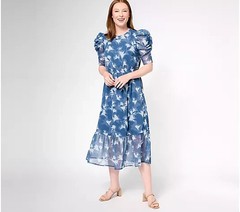 Destination 365 Reg Printed Chiffon Midi Dress Womens XL Blue Indigo Floral