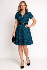 Ann Taylor Teal Floral Dress Size 6 Fit Flare Short Sleeve Cocktail Work