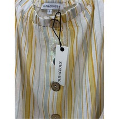 Olivaceous Cream Blue Yellow Striped Button Front Dress Small Coastal Girlhood