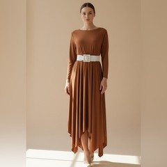 Source Unknown Long Sleeve Handkerchief Hem Dress in Caramel