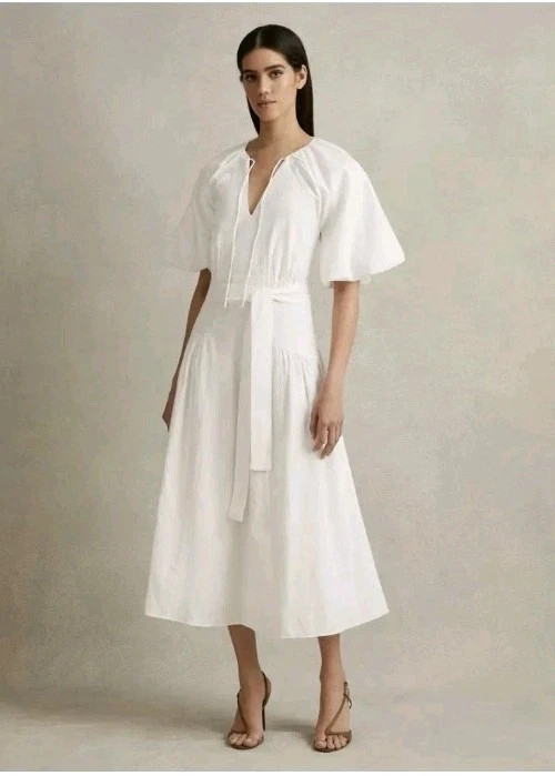 REISS ALICE COTTON PUFF SLEEVE MIDI DRESS WHITE UK 6 RRP £268