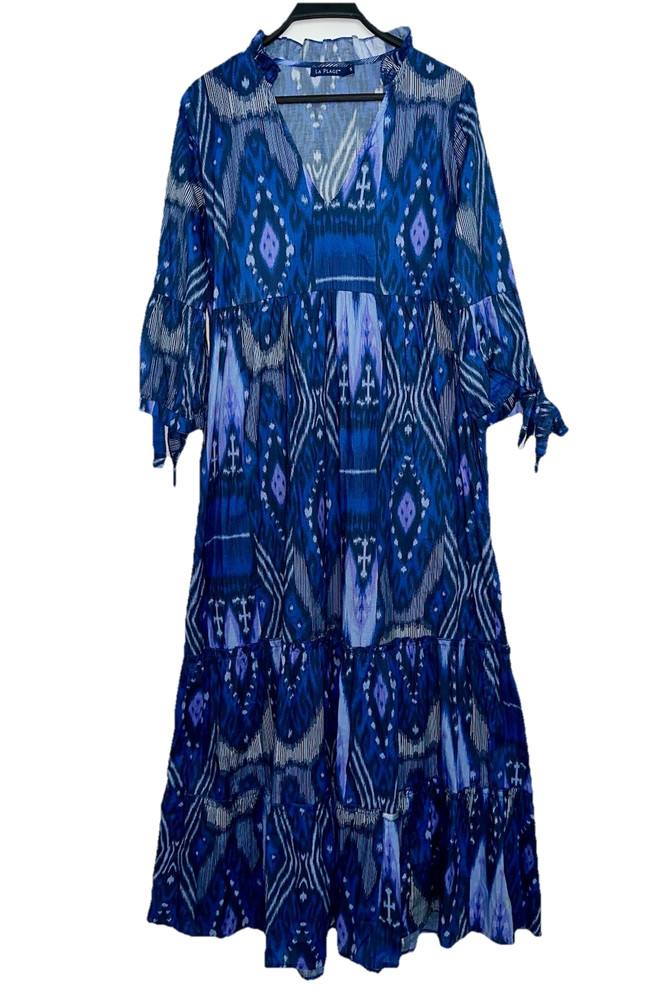 LA PLAGE Size Small Claythorne Maxi Dress Blue Ikat Lightweight Cotton Boho