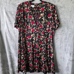 Betsy Lauren 90s Vintage Black Dress with Red Flowers Size 20W Pristine