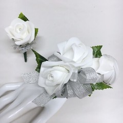 Triple White Rose on Metallic Silver Wrist Corsage & Boutonniere Combo