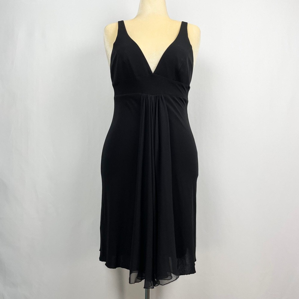 Maria Bianca Nero Plunge Neck Cocktail Dress Size M Black Crepe Silk LBD Glam