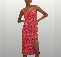 Zara Spaghetti Strap Red Floral Square Neckline Midi Sweater Dress Small