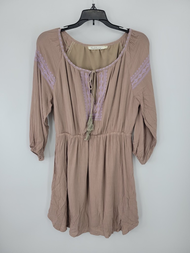 Solitaire Dress Womens Medium Tan Pink Embroidered Long Sleeve Boho Romantic