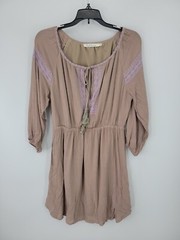Solitaire Dress Womens Medium Tan Pink Embroidered Long Sleeve Boho Romantic
