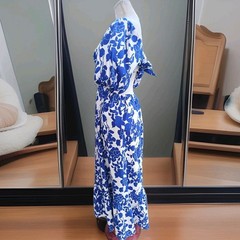 Hyacinth House Blue Floral Seaport Midi Dress Cut Out Back Romantic Puff Medium