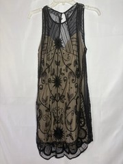 Abercrombie & Fitch Women’s sz Large Beige Black Mesh Floral Shift Dress Beaded