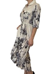 Interdee Paris Linen Iris Floral Midi Maxi Shirt Dress Beige 1/2 Sleeve S NWT