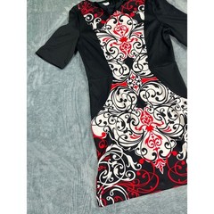London Times Size 14 Sheath Dress Black Red White Abstract Floral Damask Print