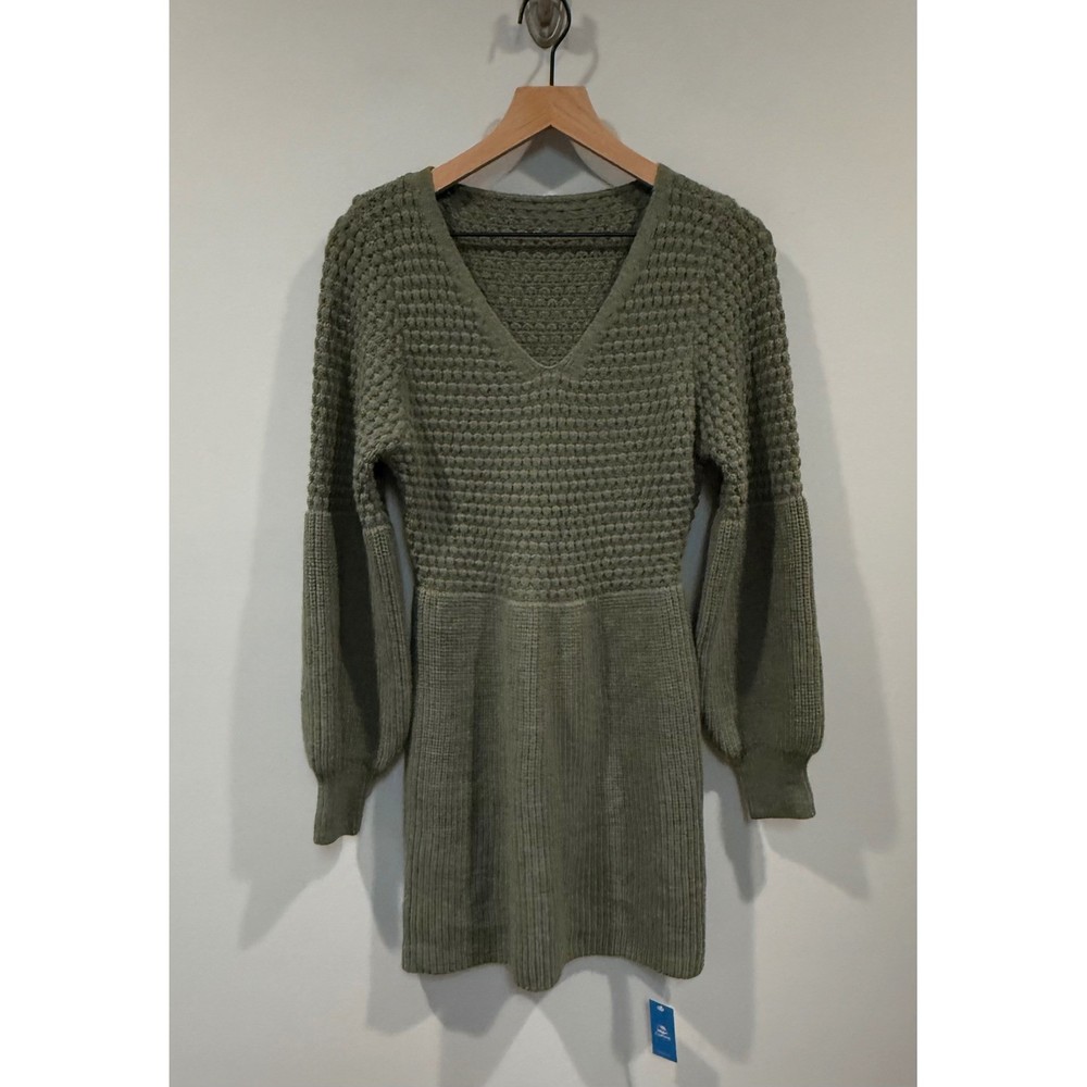 Cupshe Puff Long Sleeve Honeycomb Knit Mini Sweater Dress Sage Green Small NWT