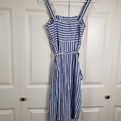 Shein Dress Womens XS White Blue Striped Button Through Side Pockets Belted
