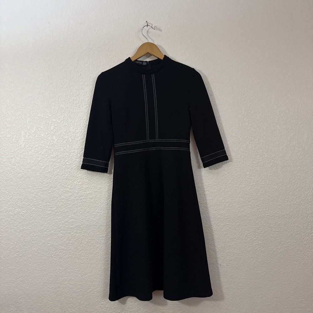 NWOT Homeyee Black Dress Size 6 White Contrast Stitching 3/4 Sleeve