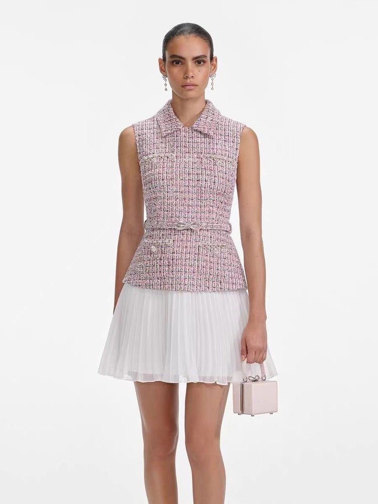 Self-Portrait Tweed Patchwork Pleated fabric chiffon Sleeveless Dresses Belts