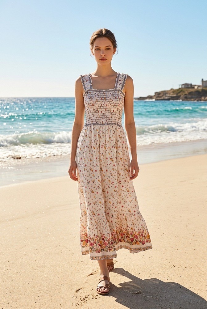 NWT Max Studio London XS Floral Smocked Maxi Dress Cotton Boho Cottagecore