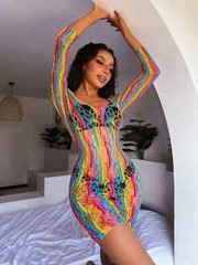 Sexy LGBT Rainbow Pride Hollow Out Off Shoulder Bodycon Babydoll Dress US Seller