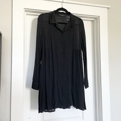 Knot Sisters Black Collared Button Down Swing Shirtdress Pleated Long Sleeve S