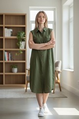 Vintage Norton McNaughton Green Linen Rayon Blend Sleeveless Shirt Dress Sz 16