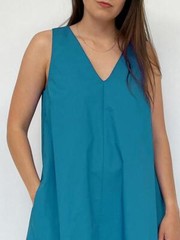 Il Vento E La Seta Cotton Maxi Dress Luna Saphire Shift Blue Women Knit V-Neck