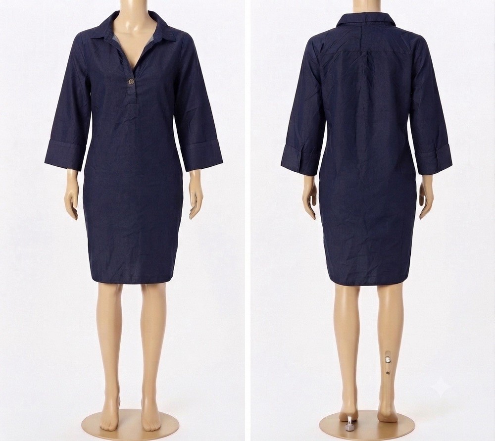 Mlle Gabrielle Women&rsquo;s Navy Solid Collared 3/4 Sleeve Shirt Dress 2XL
