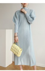 Autumn Spring New High End Pleated Casual Loose Half High Collar Batsleeve Dress